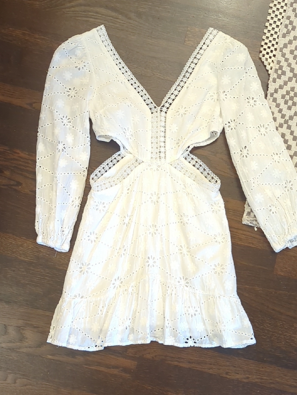 White Eyelet Cutout V-Neck Mini Dress